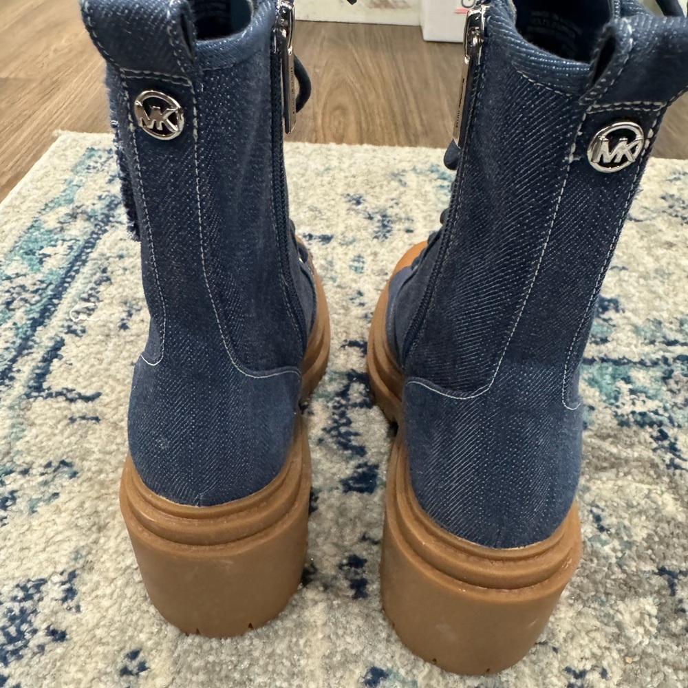 Michael Kors Blue Denim Lace-Up Platform Boots with Tan Cap Toe - Picture 2 of 4